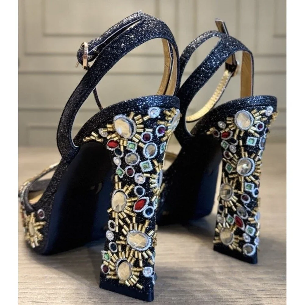 GIANNI BINI Black Gold Embellished Platform Heels Glam Party. Sizes 6.5 , 7 , 8